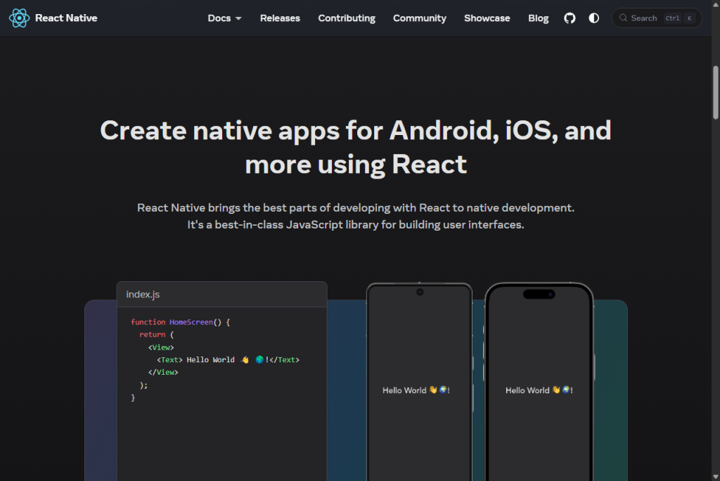 Captura del sitio web de React Native con el encabezado Create native apps for Android, iOS, and more using React y un ejemplo de código