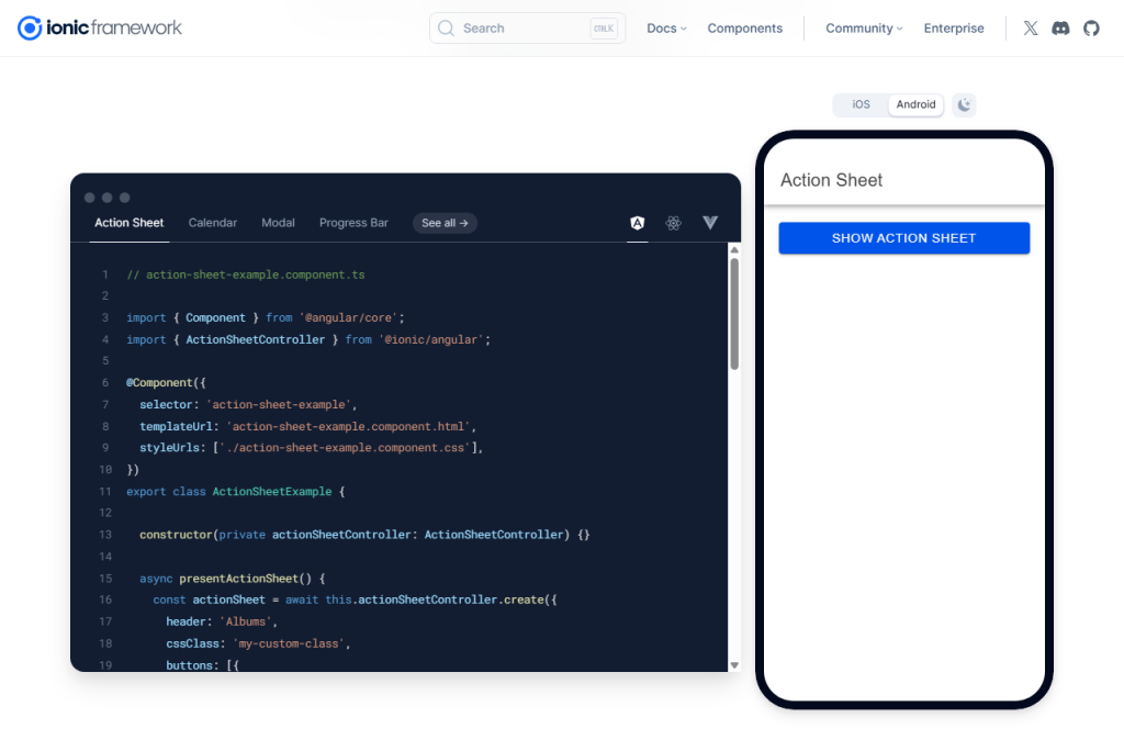 Interfaz de Ionic Framework con editor de código a la izquierda y vista previa del componente en un dispositivo móvil a la derecha