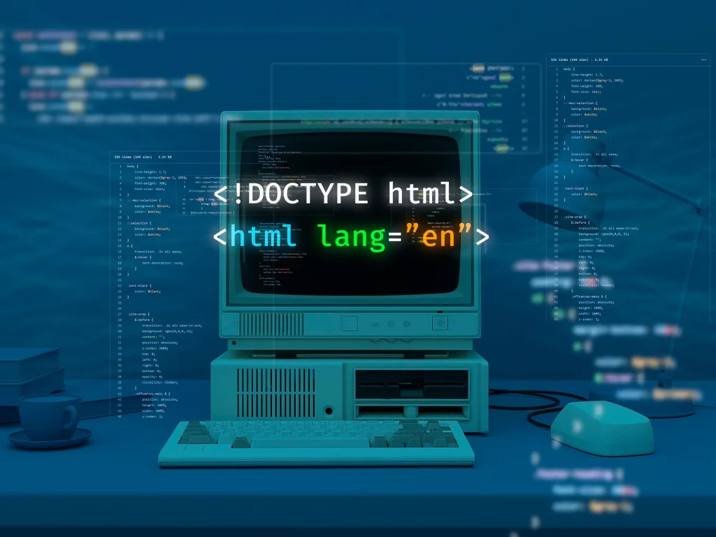 La imagen muestra una computadora antigua con código HTML visible en la pantalla, lo que indica una conexión con el desarrollo web, una de las herramientas frontend más cruciales