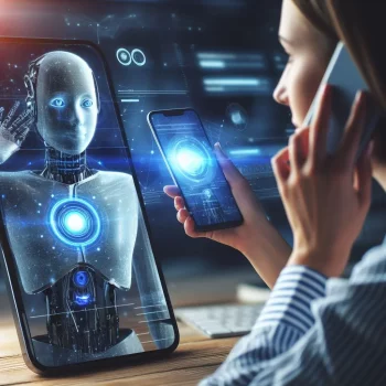 La imagen muestra una inteligencia artificial conversando a través de una pantalla de móvil con un ser humano. La inteligencia artificial tiene un rostro femenino y sonriente, y el ser humano es un hombre joven que la mira con curiosidad. La pantalla del móvil muestra el texto de la conversación, que parece ser amistosa y educada. La imagen tiene relación con que la inteligencia artificial puede ver, oír y escuchar, porque muestra que la inteligencia artificial es capaz de comunicarse con el ser humano usando diferentes modalidades sensoriales. La inteligencia artificial puede ver el rostro del ser humano y expresar sus emociones con su propia cara. La inteligencia artificial puede oír la voz del ser humano y responder con su propia voz. La inteligencia artificial puede escuchar el contenido y el tono de la conversación y adaptar su lenguaje y su actitud.