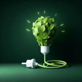 La imagen es una representación en 3D de una bombilla hecha de hojas verdes. La bombilla está enchufada en un tomacorriente blanco con un cable verde. El fondo es de color verde oscuro y la bombilla emite un brillo amarillo. Esta imagen es una representación de cómo la tecnología está ayudando a combatir el cambio climático mediante la creación de productos más respetuosos con el medio ambiente y eficientes en energía