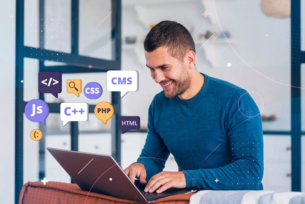 La imagen muestra a una persona trabajando en una laptop, con íconos de lenguajes de programación y tecnologías web flotando a su alrededor. Esto puede simbolizar el uso de varios lenguajes y herramientas, como JS, CSS, PHP, entre otros, que son esenciales en los frameworks para desarrollo web.