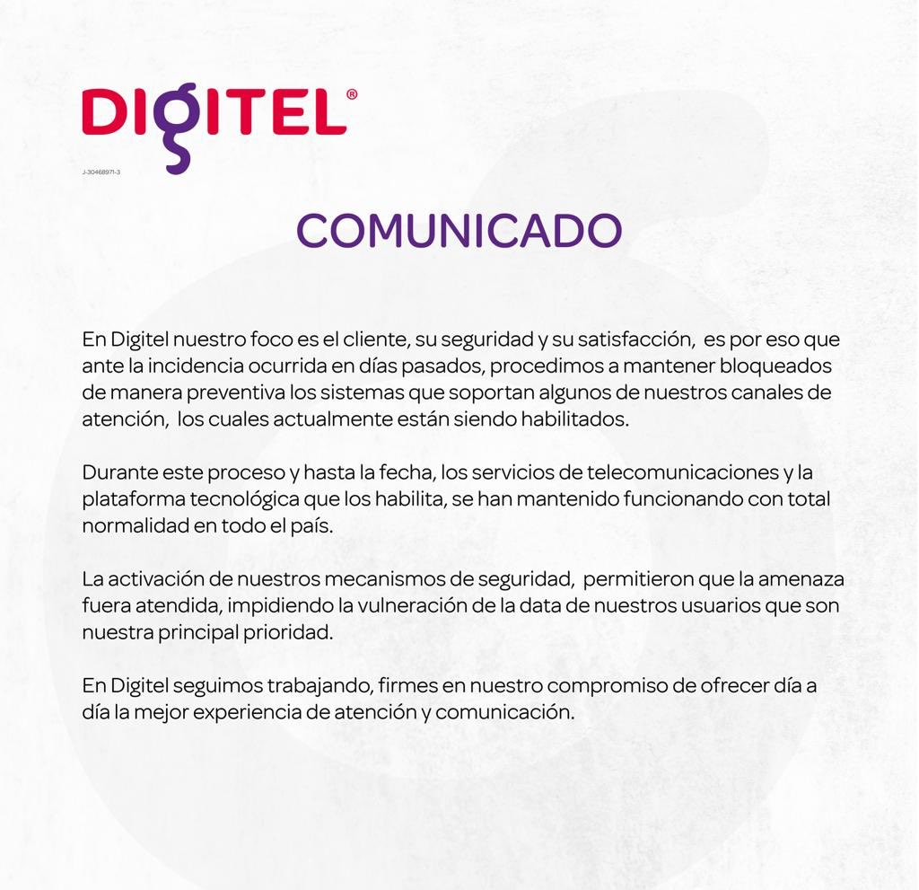Comunicado oficial de Digitel luego de que Digitel Sufre Hackeo