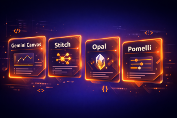 Ilustración futurista con tarjetas holográficas de Gemini Canvas, Stitch, Opal y Pomelli, representando las últimas herramientas de IA de Google que puedes usar completamente gratis, sobre fondo degradado púrpura con acentos naranja y elementos de código.