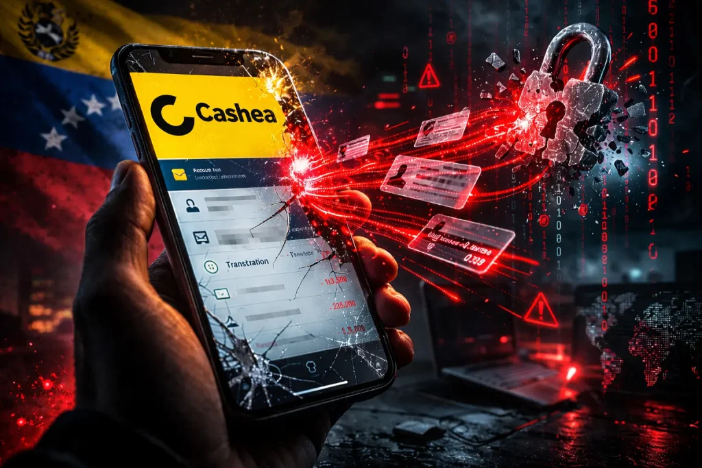 Filtración de datos de Cashea: smartphone con pantalla rota y datos personales escapando hacia la dark web, con la bandera de Venezuela al fondo