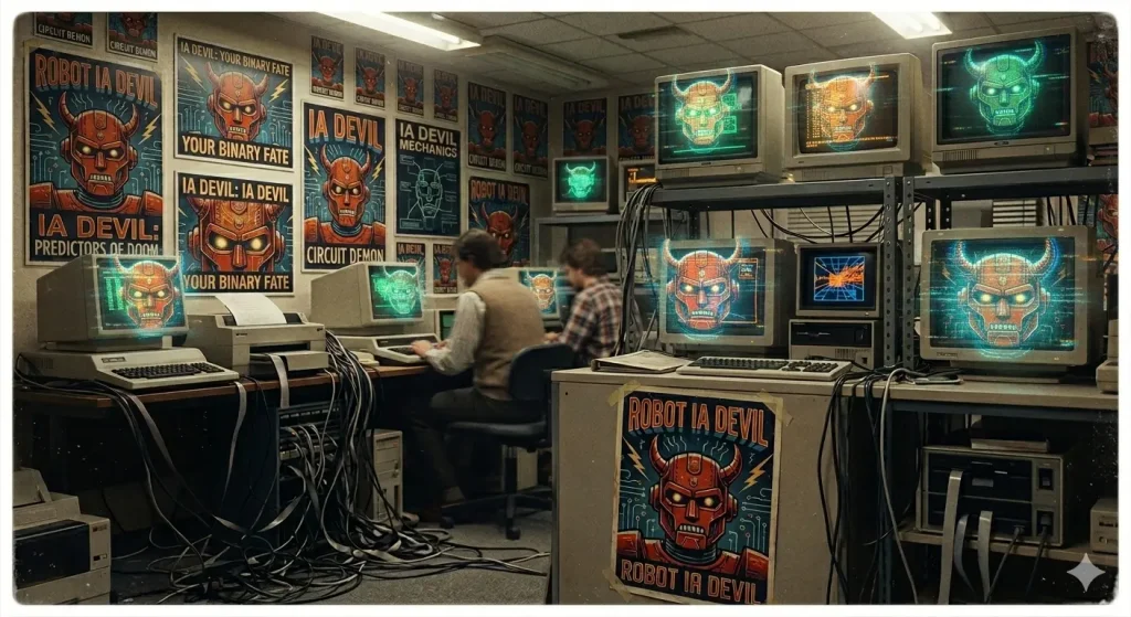 Cuarto de computadoras con computadoras tomadas por inteligencia artificial
