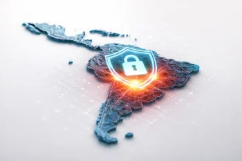 Mapa de América Latina con escudo de ciberseguridad y candado digital representando protección contra ransomware en PYME