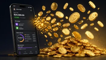 Pantalla de app financiera con monedas de oro volando, ilustrando cómo monetizar una app siendo desarrollador