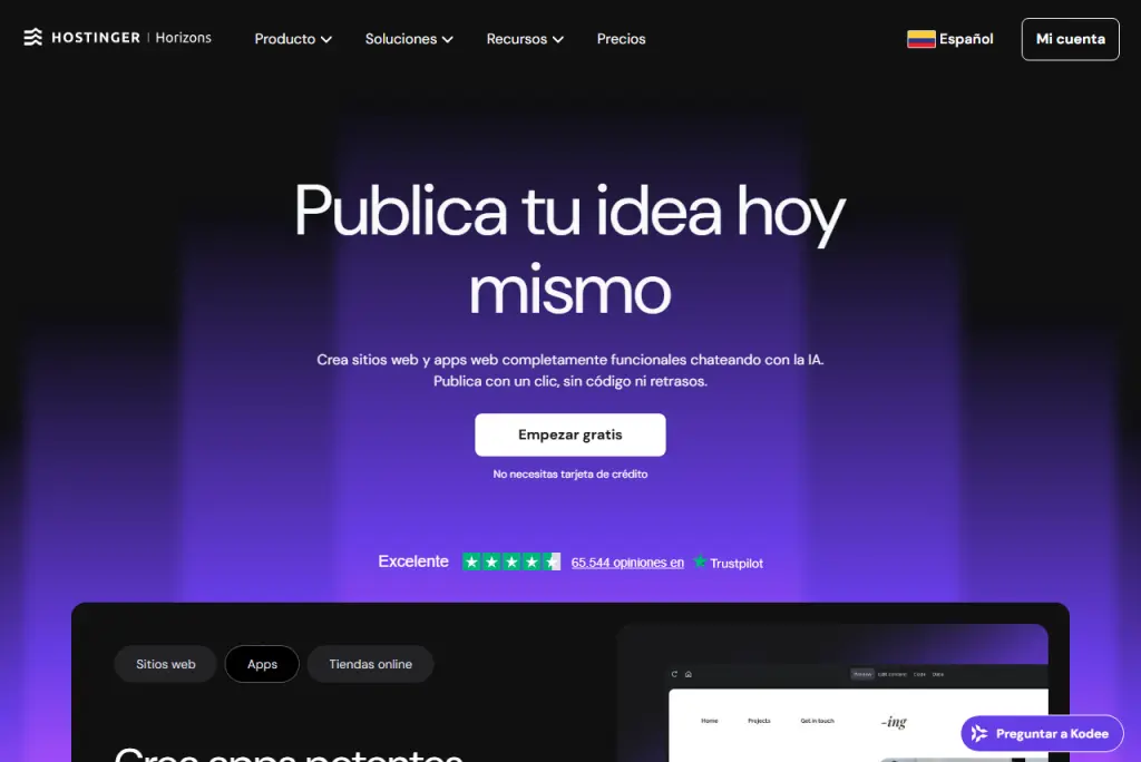 Interfaz de Hostinger Horizons, una aplicación para el desarrollo web, con el texto: Publica tu idea hoy mismo. Crea sitios web y apps con IA