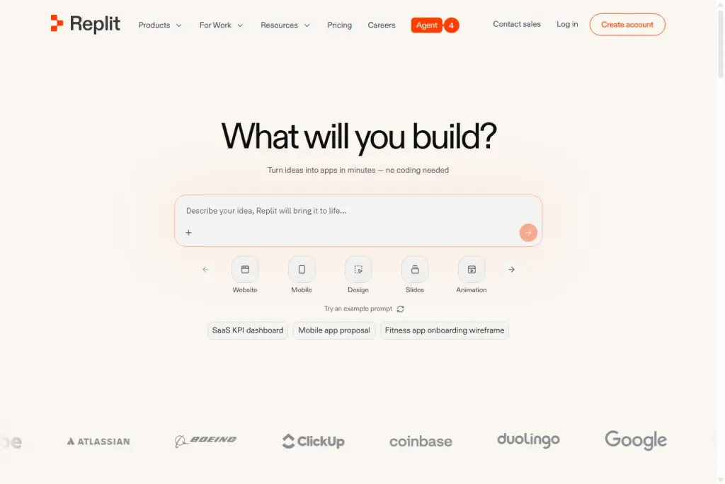 Interfaz de Replit que muestra un cuadro de texto para generar aplicaciones mediante prompts de inteligencia artificial