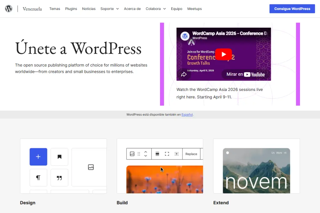 Captura de pantalla de la página de inicio de WordPress.org con el título Únete a WordPress