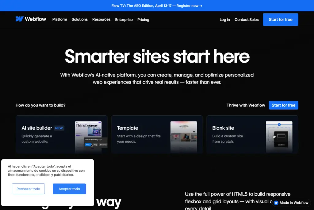 Interfaz de Webflow con el lema Smarter sites start here y opciones para crear sitios con IA, plantillas o desde cero
