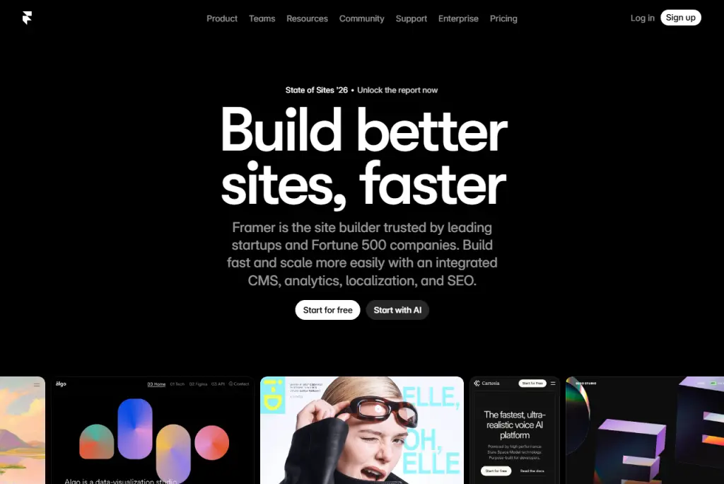 Interfaz de la página de inicio de Framer con el lema Build better sites, faster
