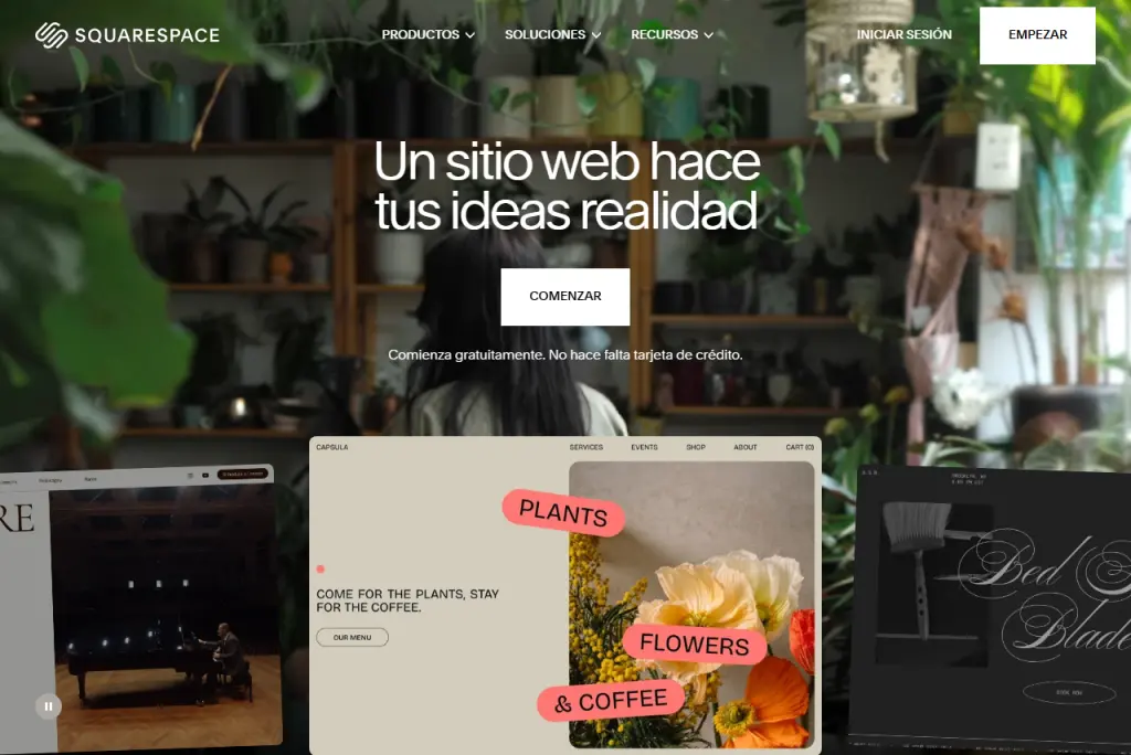 Interfaz de Squarespace con el mensaje Un sitio web hace tus ideas realidad y ejemplos de diseños de plantillas