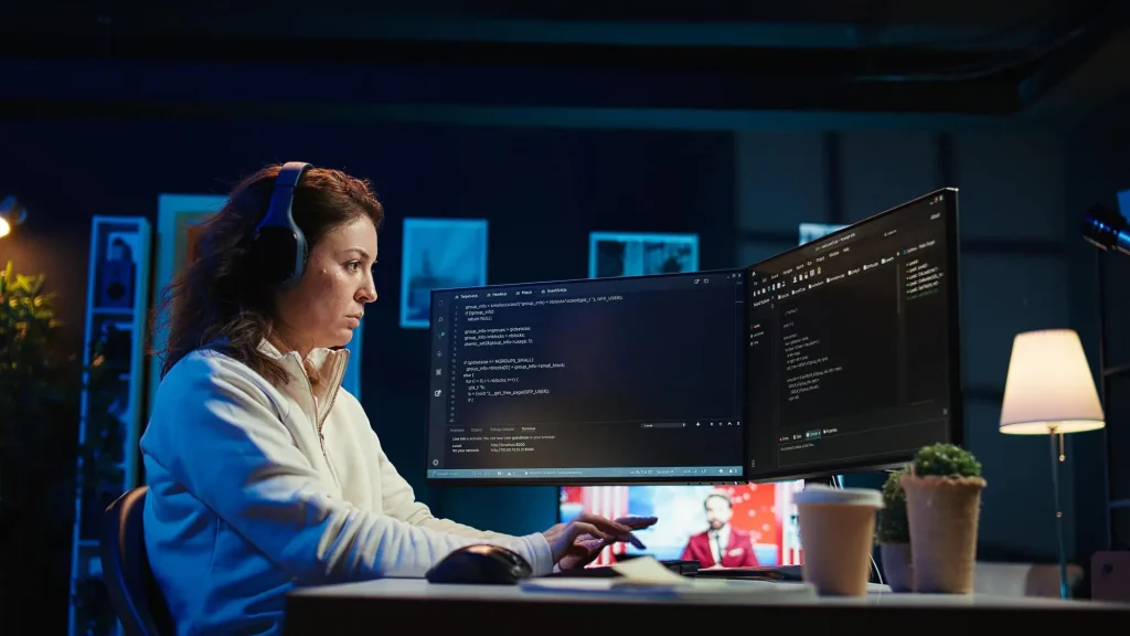 Desarrolladora de software trabajando de noche frente a monitores con código, representando el sueldo y trabajo en tech