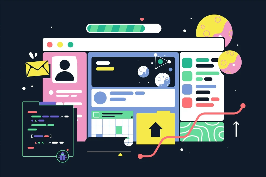 Portafolio de programador con panel de proyectos, código y perfil profesional