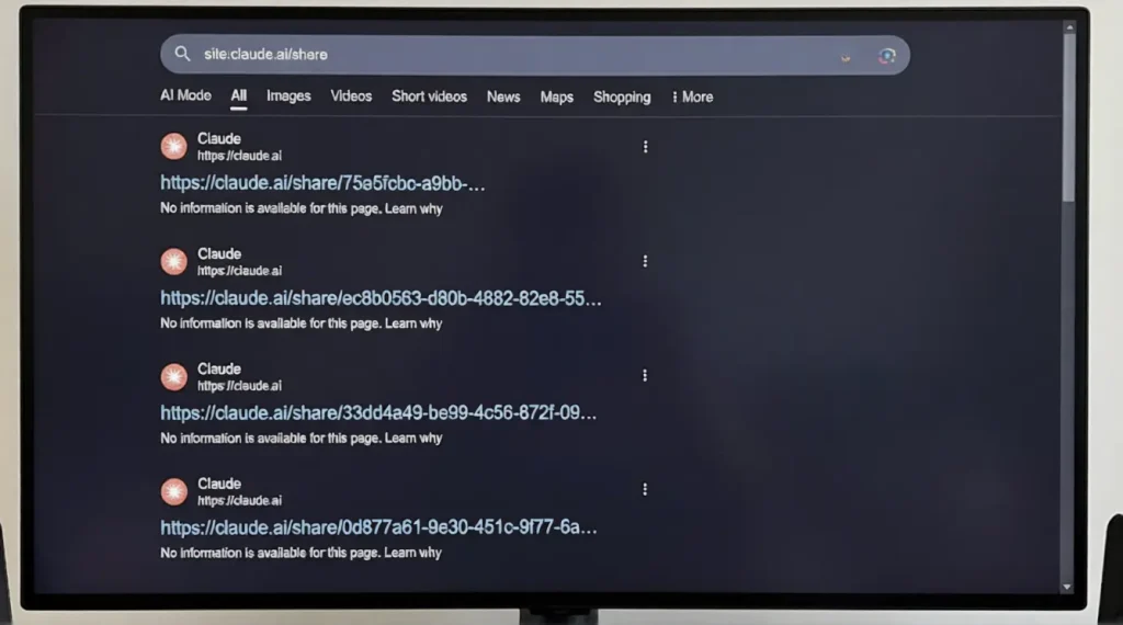 Resultados de búsqueda de Google para site:claude.ai/share con el mensaje: No hay información disponible para esta página.