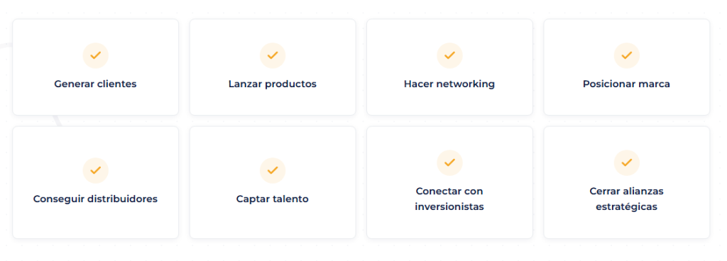 Tarjetas con objetivos empresariales de camcaroni 2026: generar clientes, lanzar productos, hacer networking, posicionar marca, conseguir distribuidores, captar talento, conectar con inversionistas y cerrar alianzas estratégicas