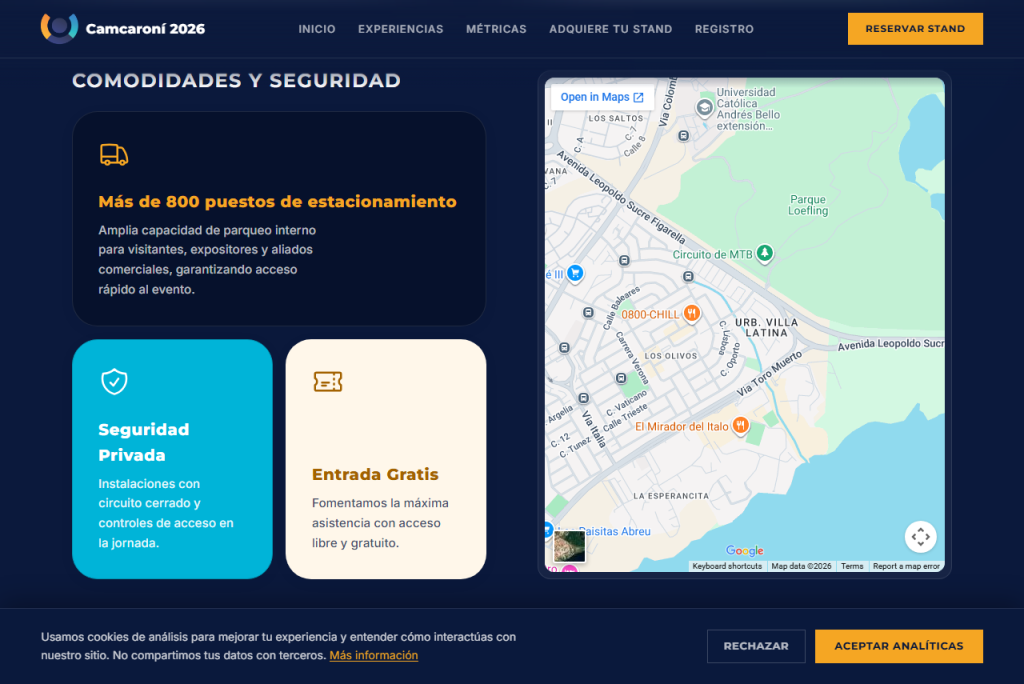Sección de comodidades de Camcaroní 2026 con mapa de ubicación y detalles sobre estacionamiento, seguridad y entrada gratuita