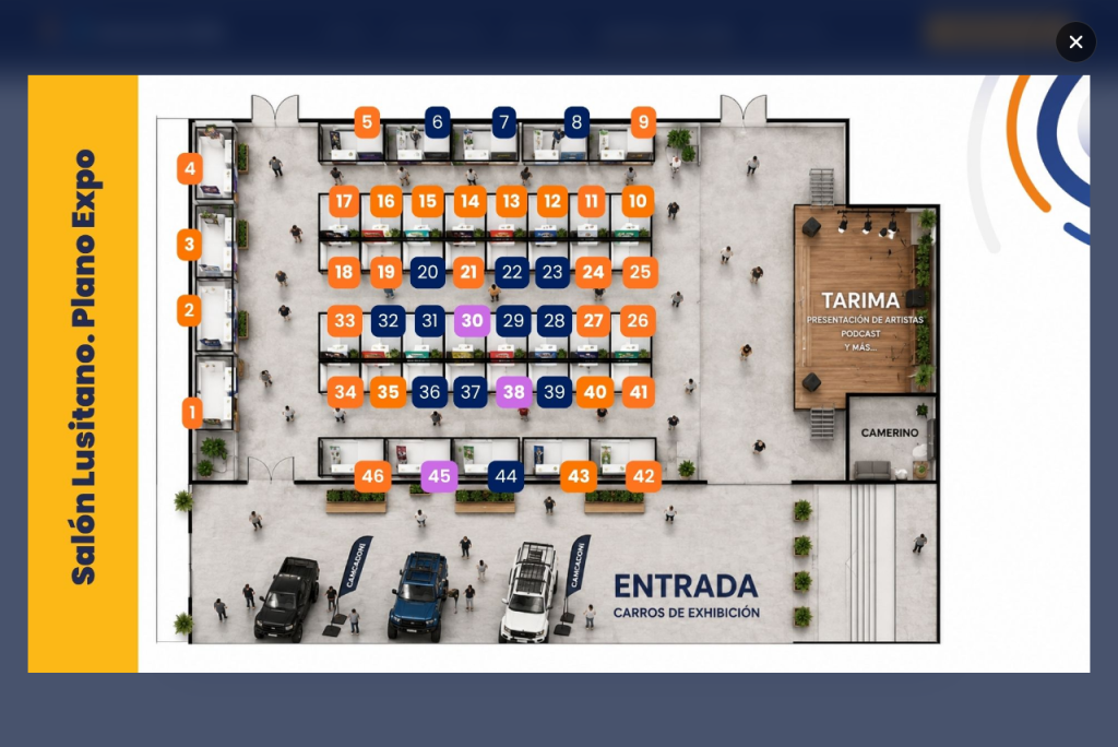 Plano del Salón Lusitano para la Expo Camcaroní, con la distribución de los stands numerados, la tarima y la entrada