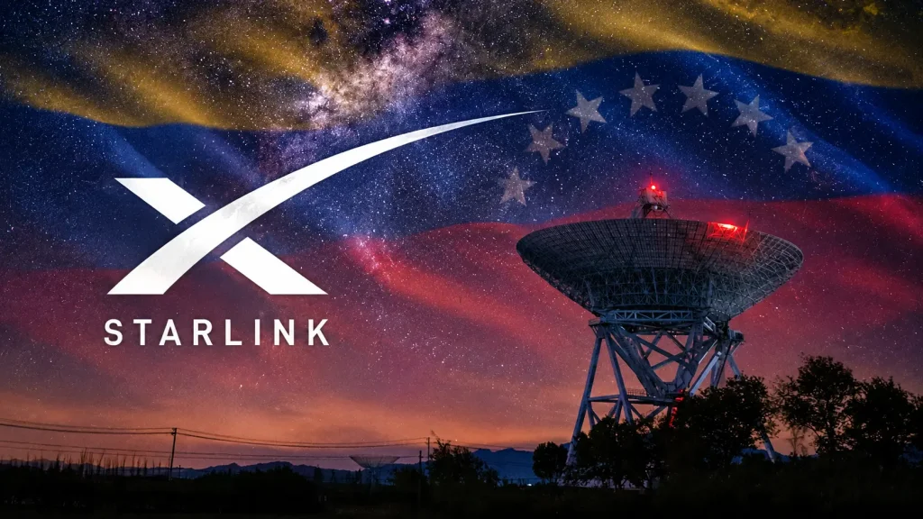Logo de Starlink junto a una antena parabólica sobre un cielo estrellado con la bandera de Venezuela